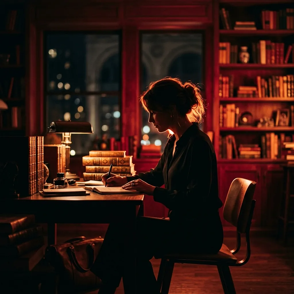 Author writing at a design desk