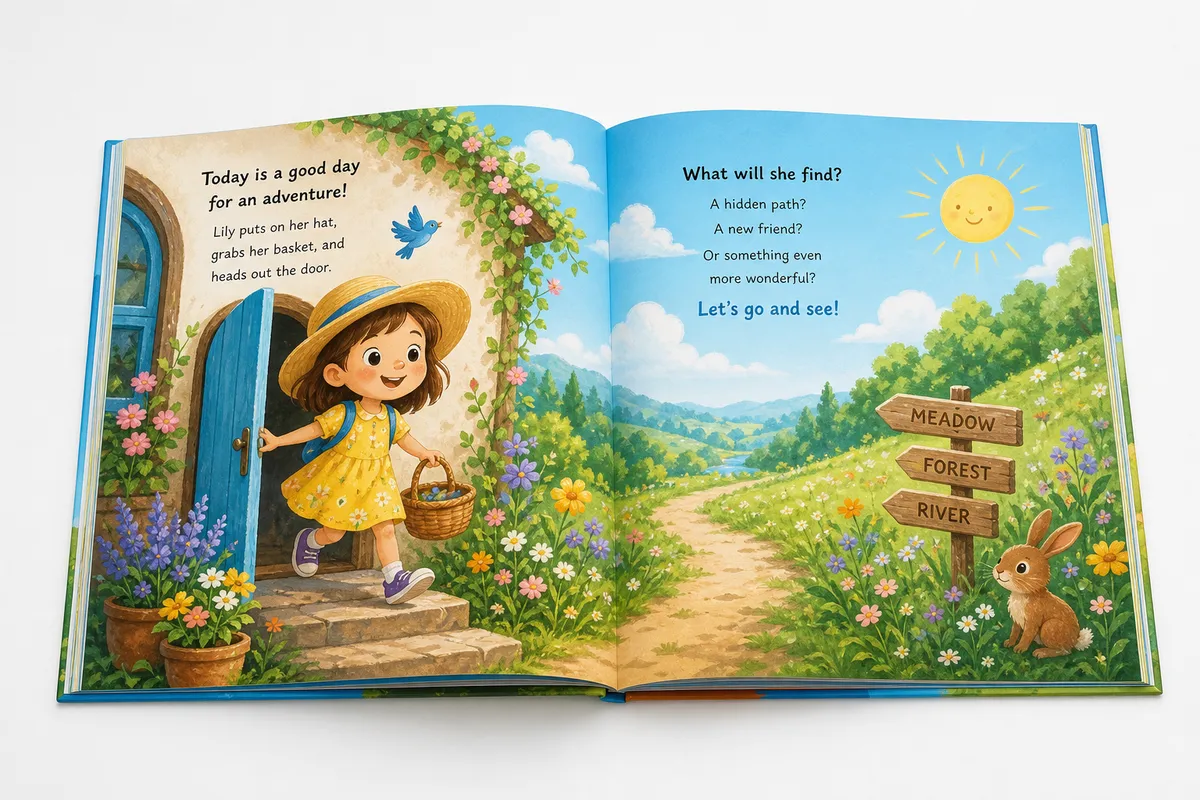 Children picture book interior layout spread showing full bleed illustrations for KDP printing