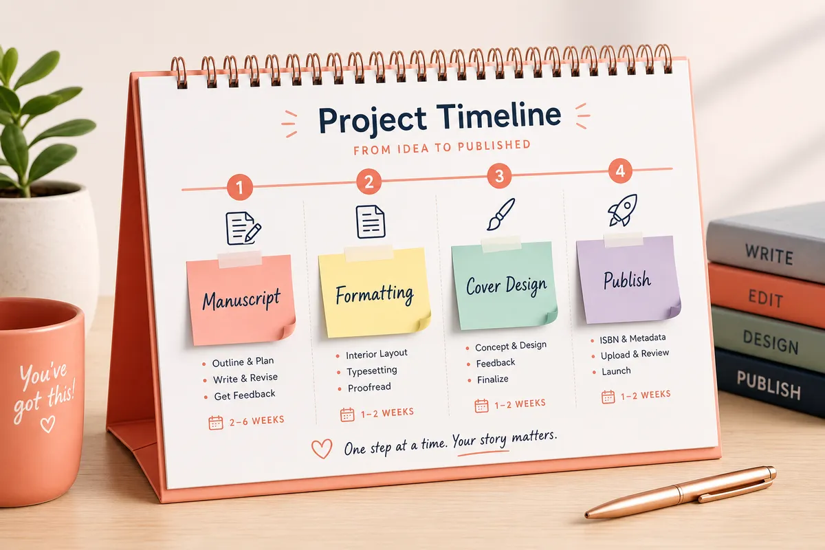 Book formatting project timeline chart showing phases from manuscript to print-ready PDF