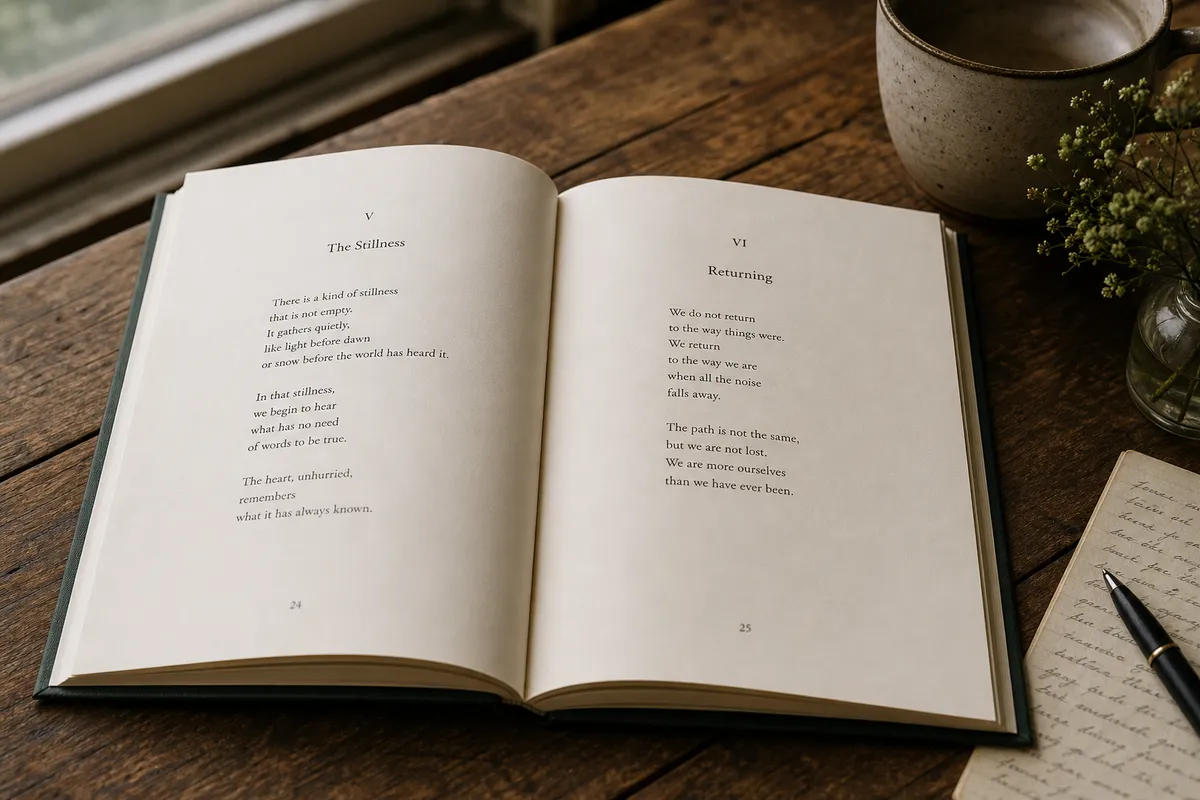 Poetry book interior page showing preserved line breaks stanza spacing and generous margins